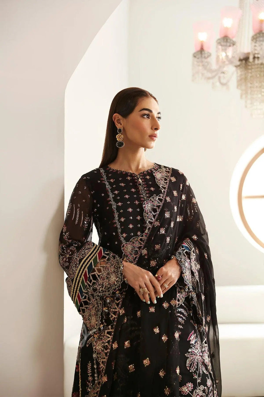 Mona Black Embroidered Chiffon Suit with Printed Wide-Leg Trousers | Stitched & Unstitched