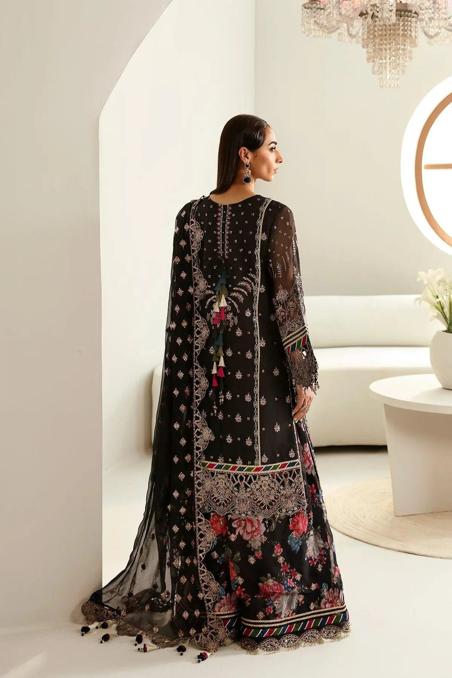 Mona Black Embroidered Chiffon Suit with Printed Wide-Leg Trousers | Stitched & Unstitched