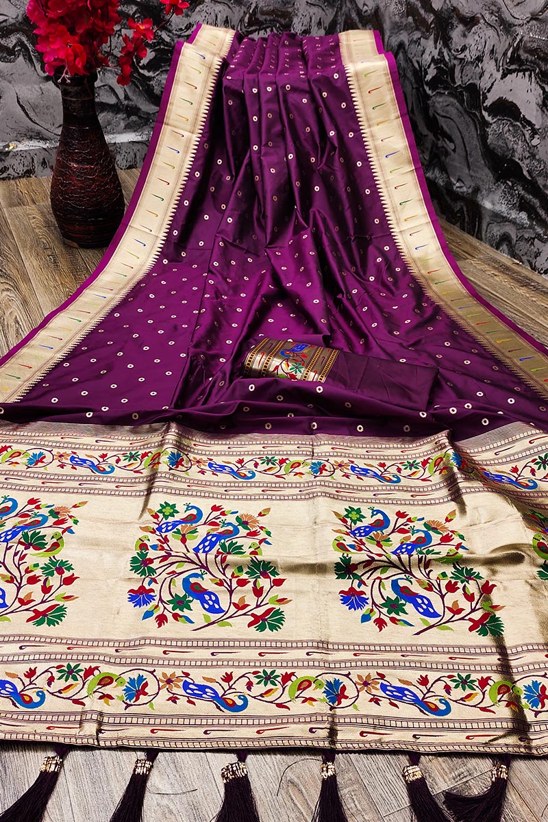 Glowing Purple Paithani Silk Saree With Ethnic Blouse Piece - Pehnaawaa
