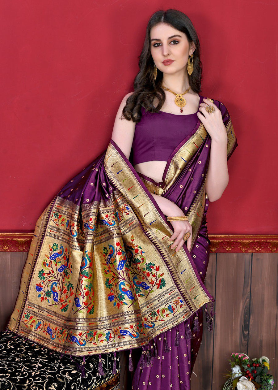 Glowing Purple Paithani Silk Saree With Ethnic Blouse Piece - Pehnaawaa