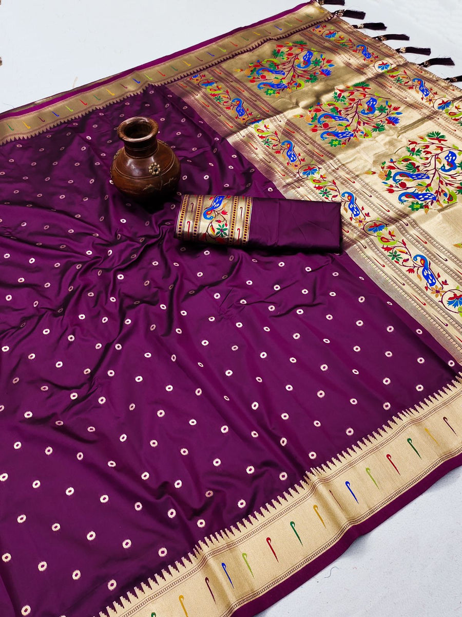 Glowing Purple Paithani Silk Saree With Ethnic Blouse Piece - Pehnaawaa