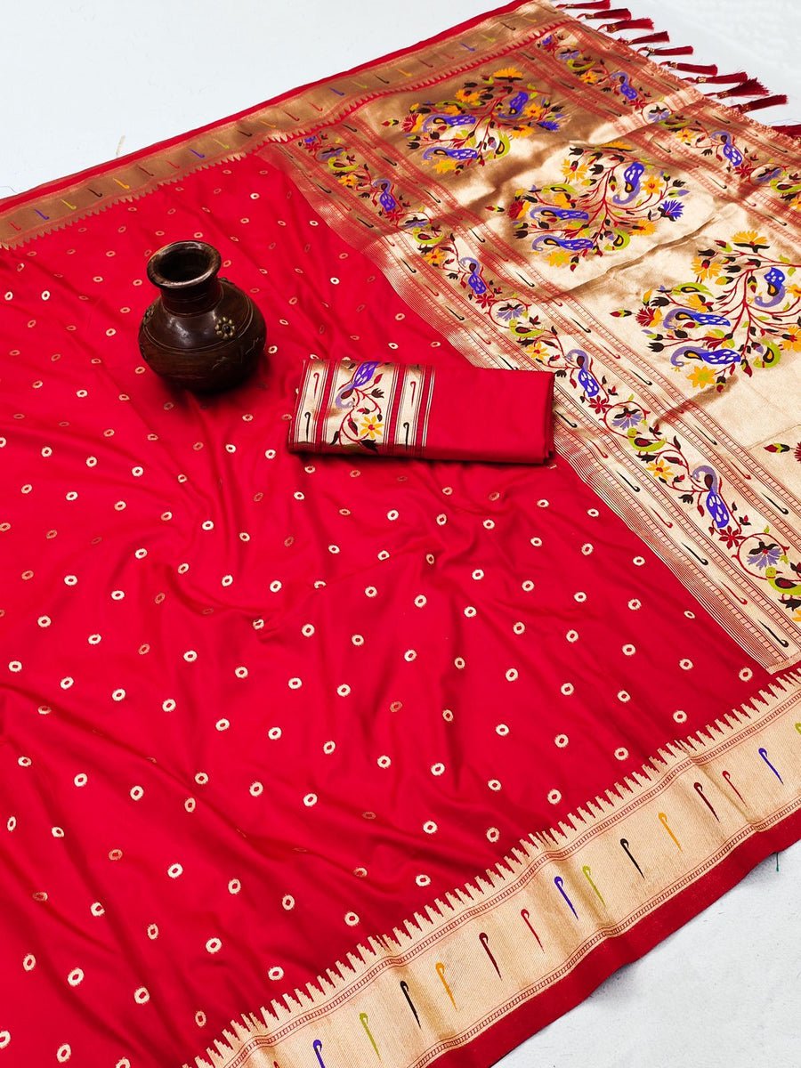 Beautiful Red Paithani Silk Saree With Ethnic Blouse Piece - Pehnaawaa