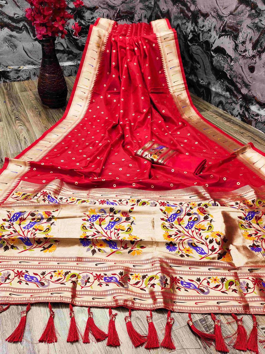 Beautiful Red Paithani Silk Saree With Ethnic Blouse Piece - Pehnaawaa