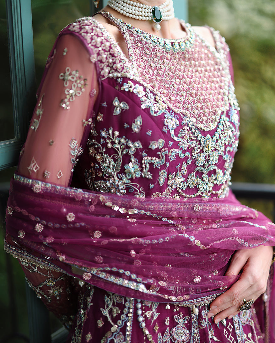 Detailed close-up of front bodice showing intricate silver embroidery, sequins, and pearl embellishments on sheer sleeves and dupatta