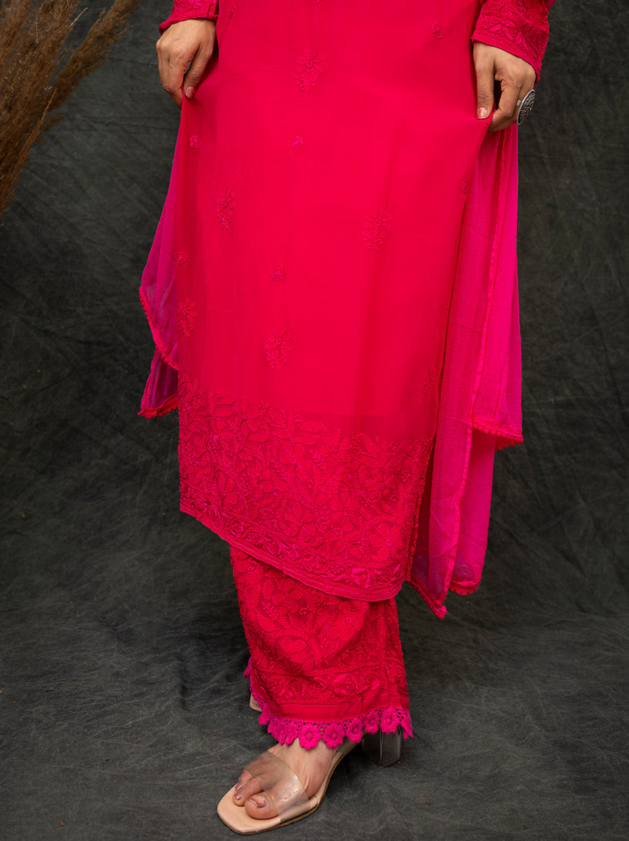 Nida Viscose Chikankari Straight Kurta Set with Dupatta -Hot Pink