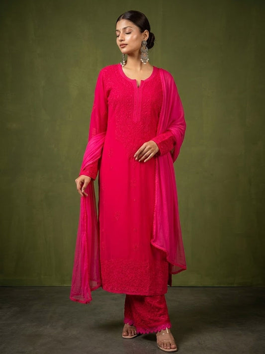 Nida Viscose Chikankari Straight Kurta Set with Dupatta -Hot Pink