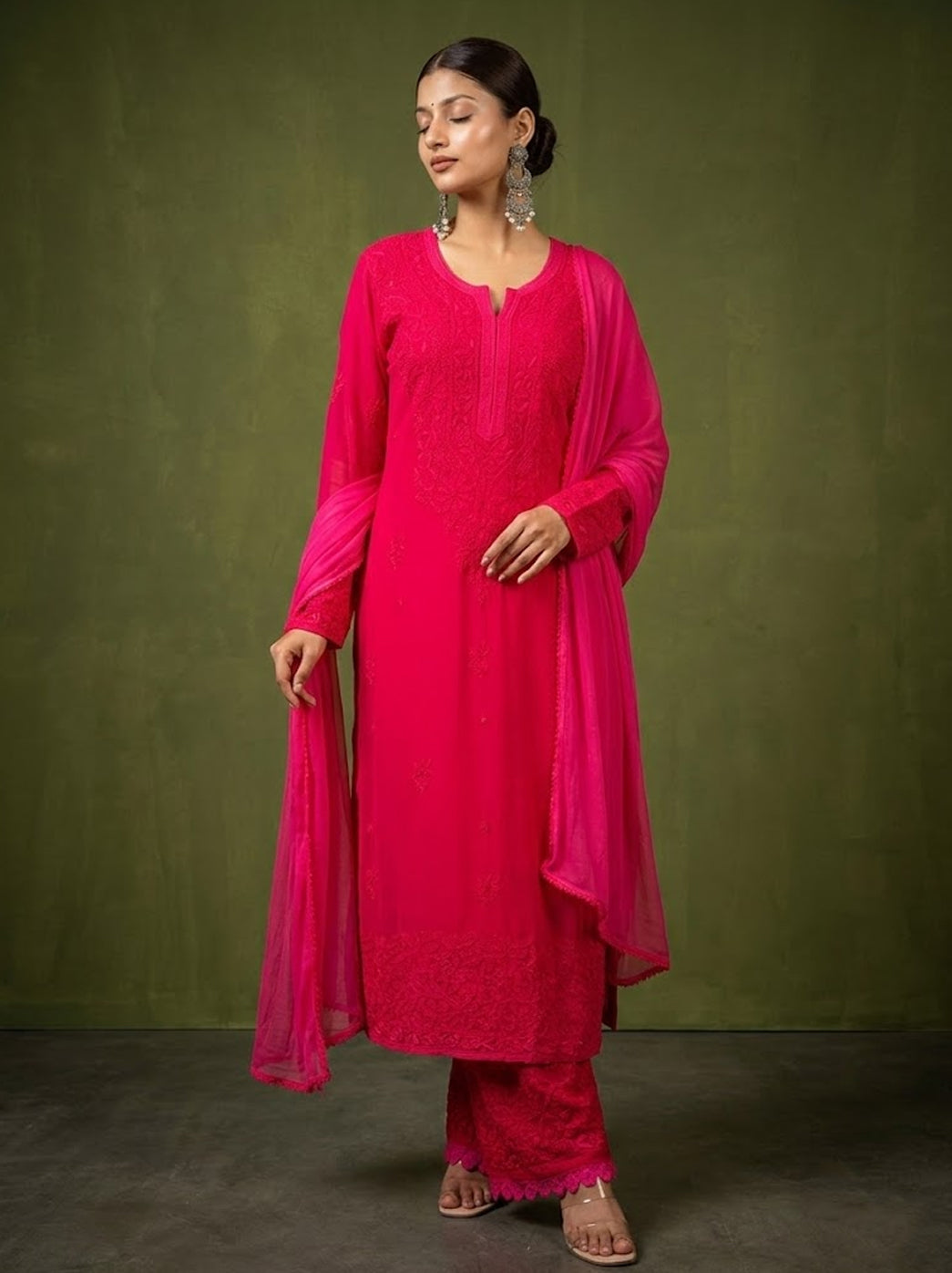 Nida Viscose Chikankari Straight Kurta Set with Dupatta -Hot Pink