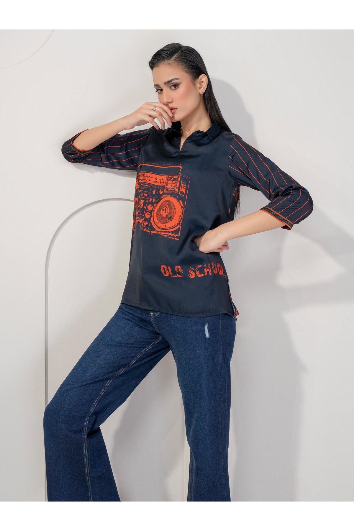 Boombox Groove: Navy Silk Retro Top