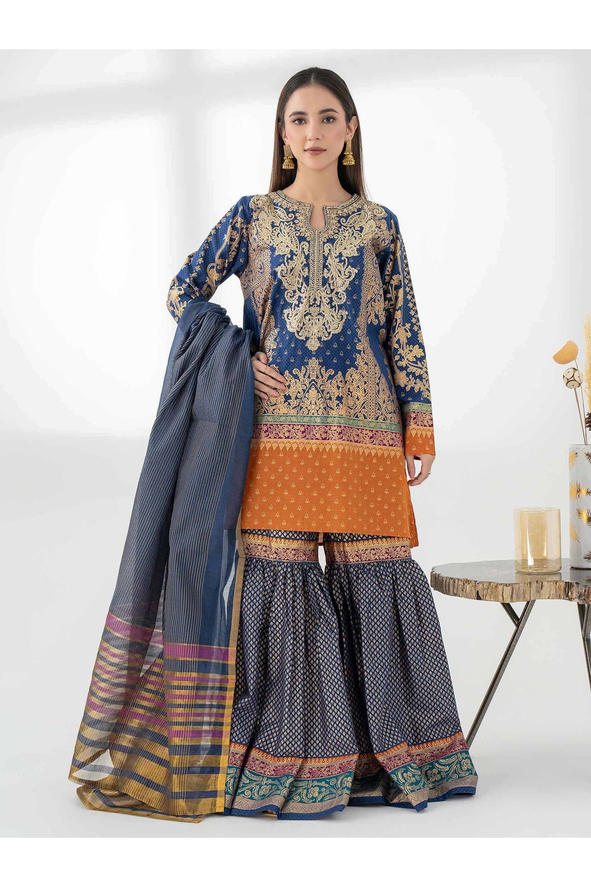 Embroidered 3-Piece Cambric Suit – Grey & Orange