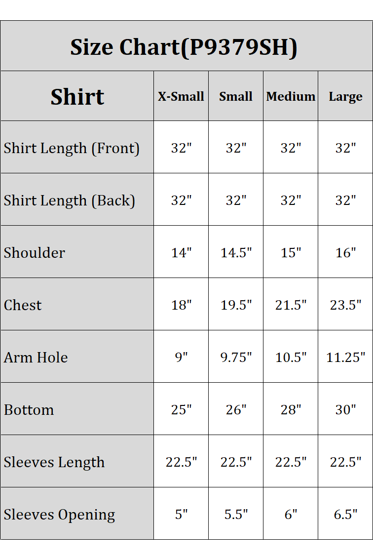 Size chart for Khaddar Printed Kurti (P9379SH)