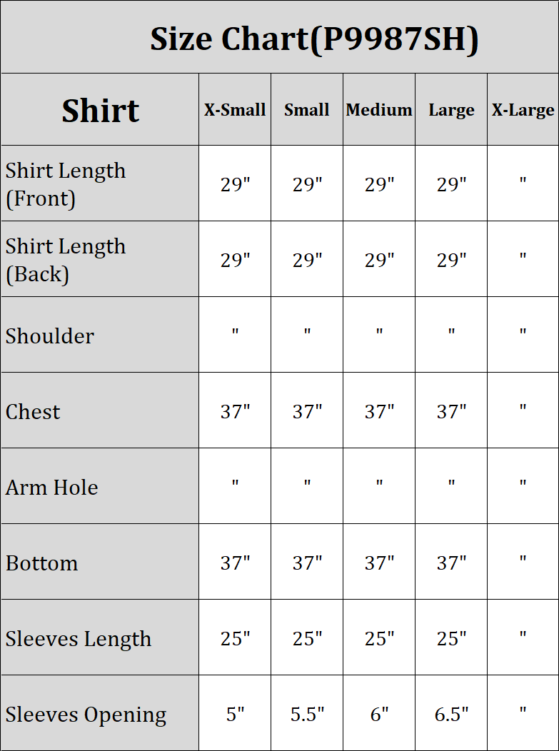 Size chart displaying measurements for X-Small to X-Large sizes of the embroidered top