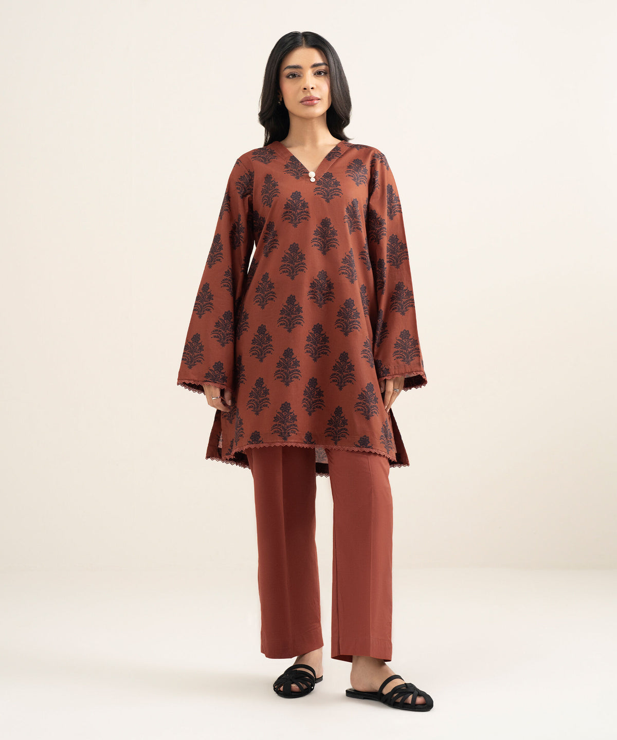 Rust Brown Printed Lawn Straight Shirt