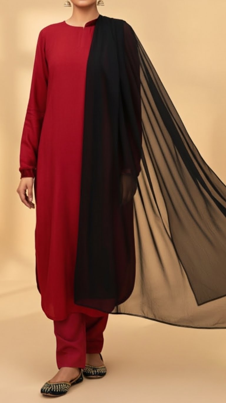 Woman wearing a red traditional outfit with a sheer black chiffon dupatta draped over one shoulder, showcasing the dupatta’s lightweight and elegant flow.