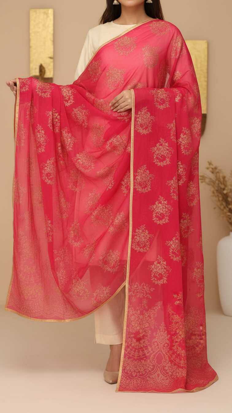 Pink Screen Printed Chiffon Dupatta PD5391
