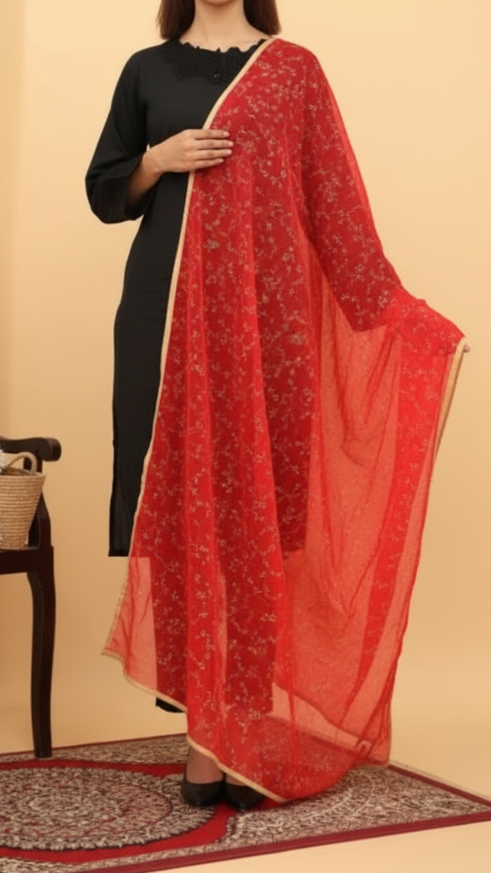 Woman wearing a black dress holding a red embroidered chiffon dupatta with beige trim, standing on patterned rug