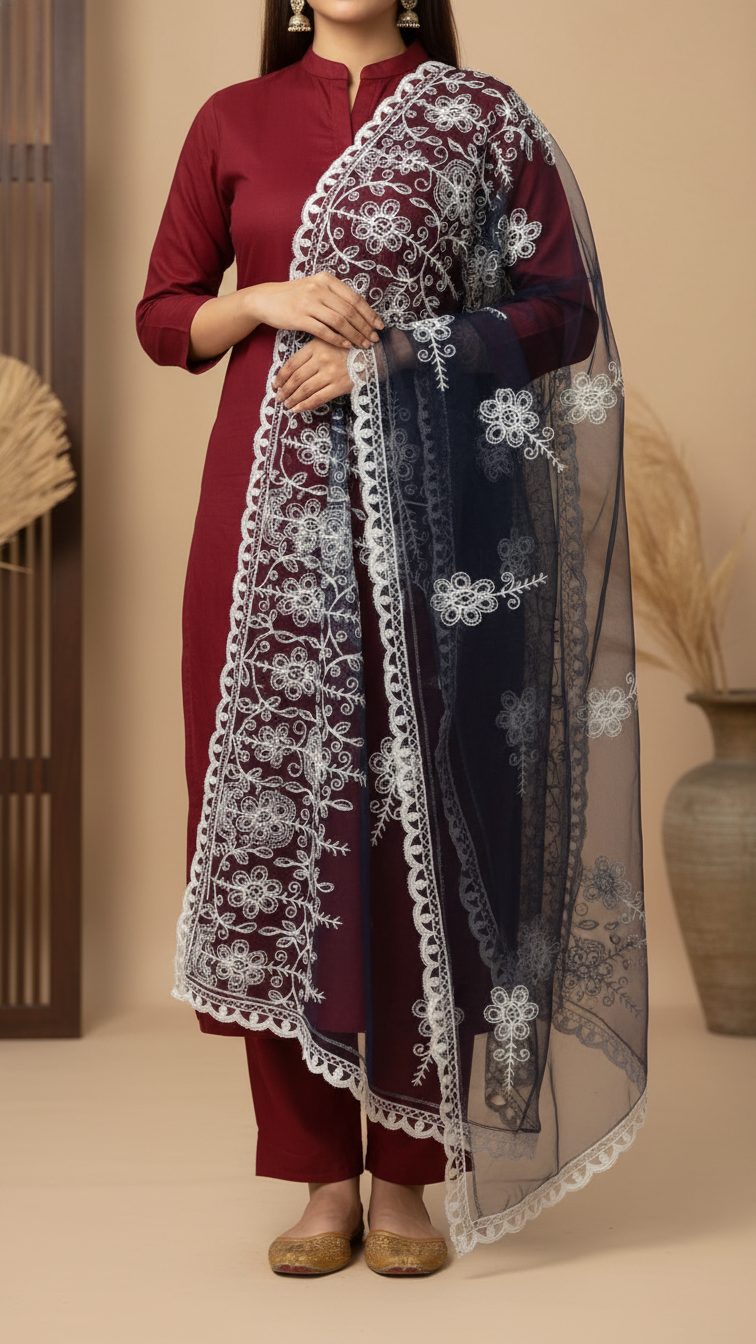 Embroidered Navy Cotton Dupatta