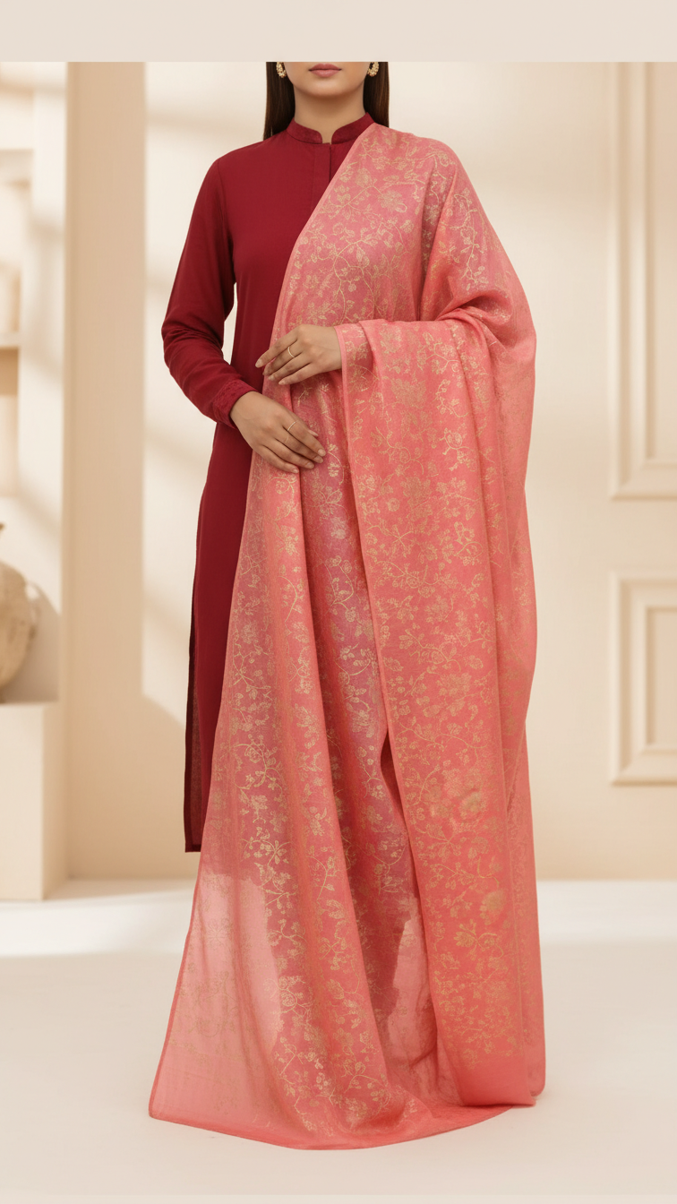 Woman wearing a deep red kurta draped with a pink cotton silk dupatta adorned with gold floral embroidery