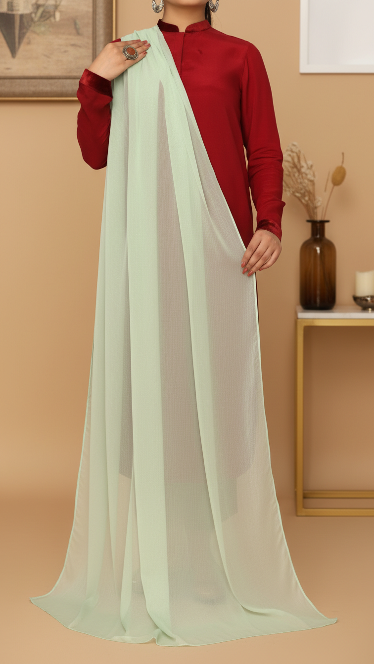 Woman wearing a deep red traditional outfit holding a flowing mint green raw silk dupatta draped over her shoulder in a styled indoor setting