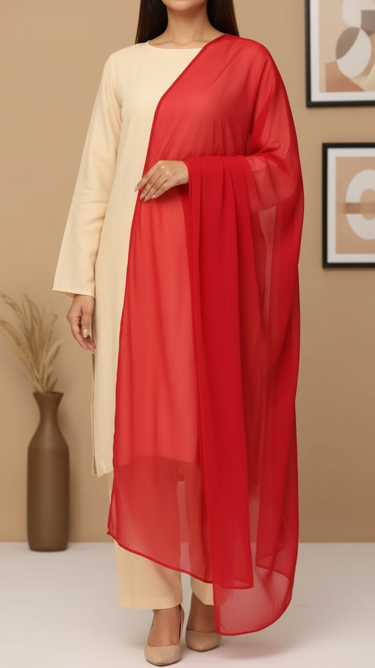 Woman wearing an elegant maroon raw silk dupatta draped over a cream-colored outfit, showcasing its sheer and flowing design.