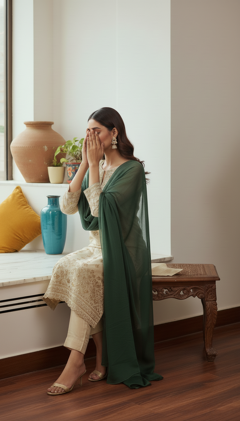 Woman seated by window wearing an elegant green chiffon dupatta paired with an embroidered cream Pakistani suit