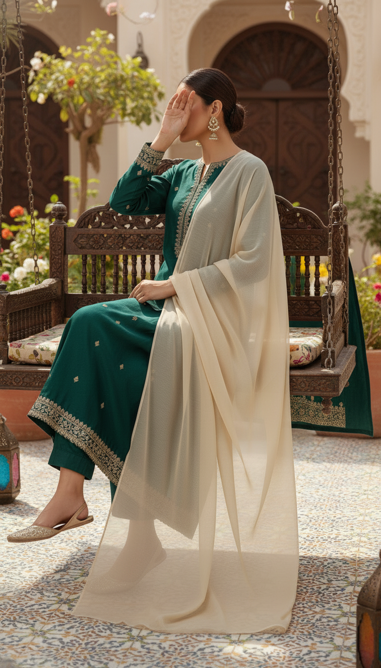 Woman seated on traditional wooden swing wearing an elegant beige chiffon dupatta paired with a green embroidered outfit and gold earrings