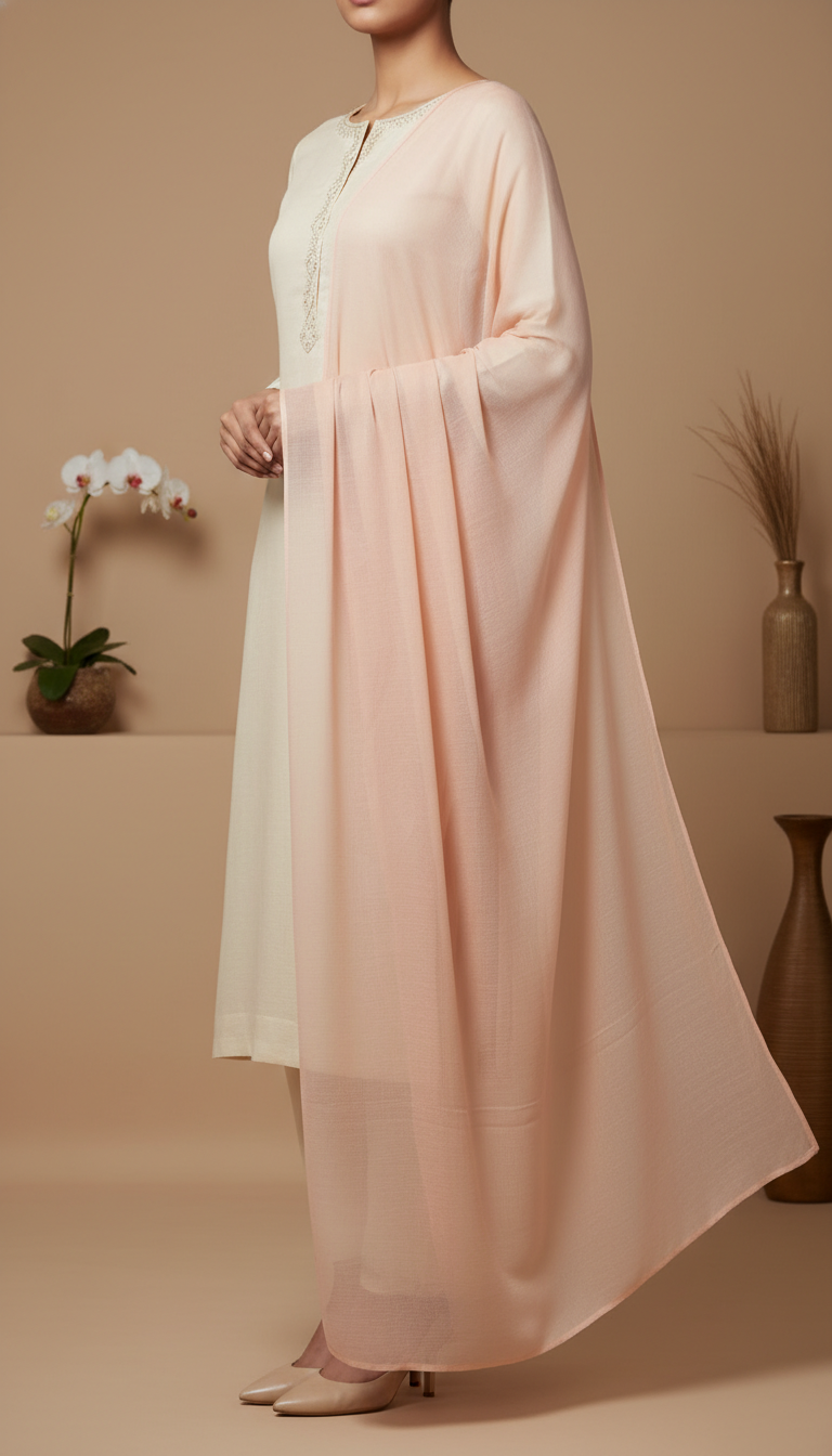 Woman wearing a soft pastel peach chiffon dupatta draped elegantly over a cream-colored traditional outfit in a beige studio setting.