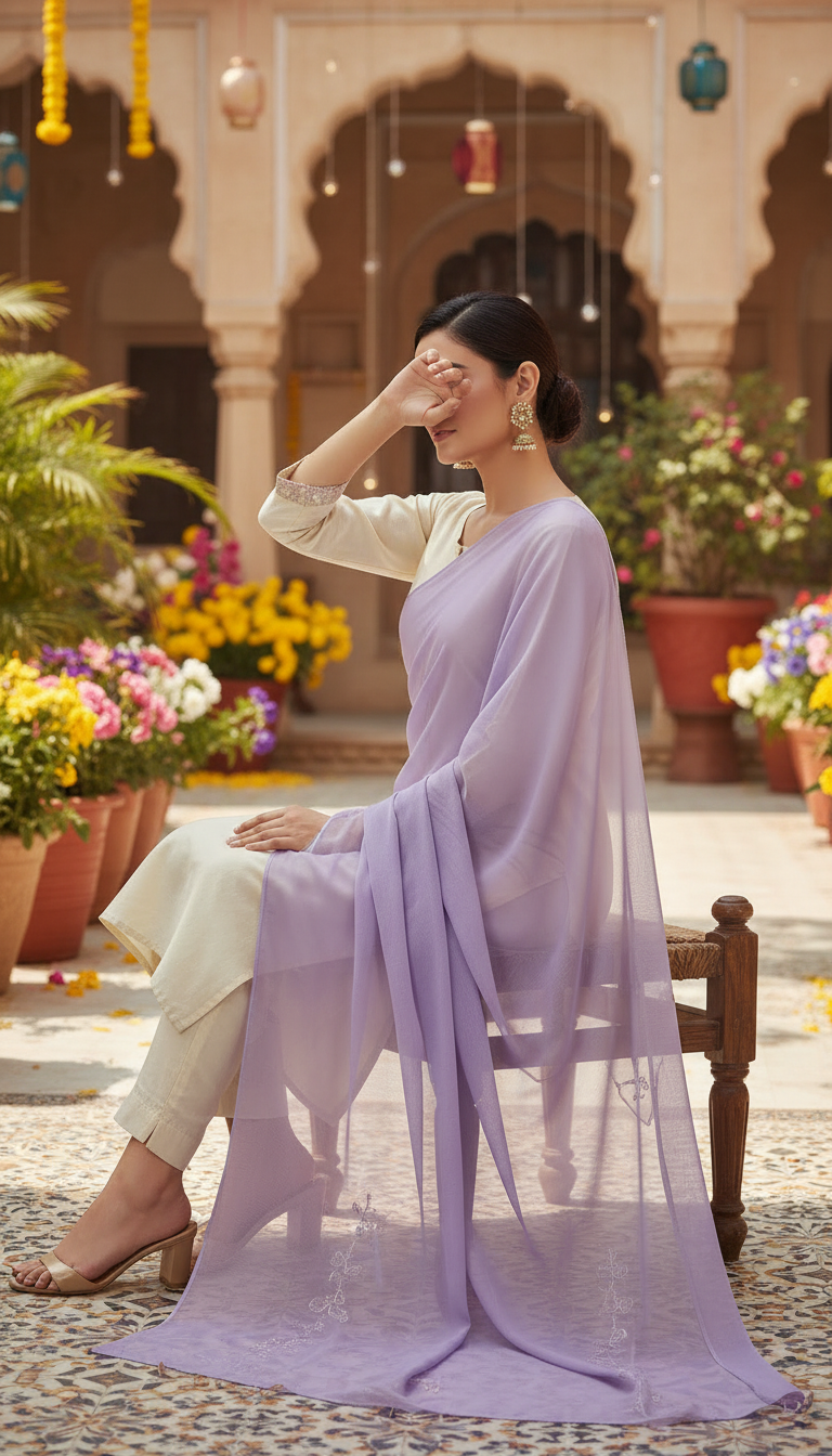 Woman seated outdoors in a courtyard wearing a cream outfit paired with a lilac chiffon dupatta featuring subtle embroidery, showcasing elegant draping and modest style.