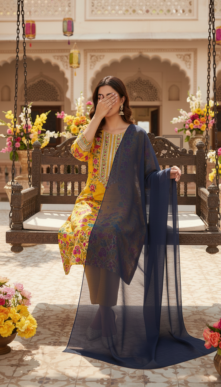 Woman seated on wooden swing wearing a bright yellow floral dress paired with elegant navy chiffon dupatta, showcasing its sheer texture and smooth drape.