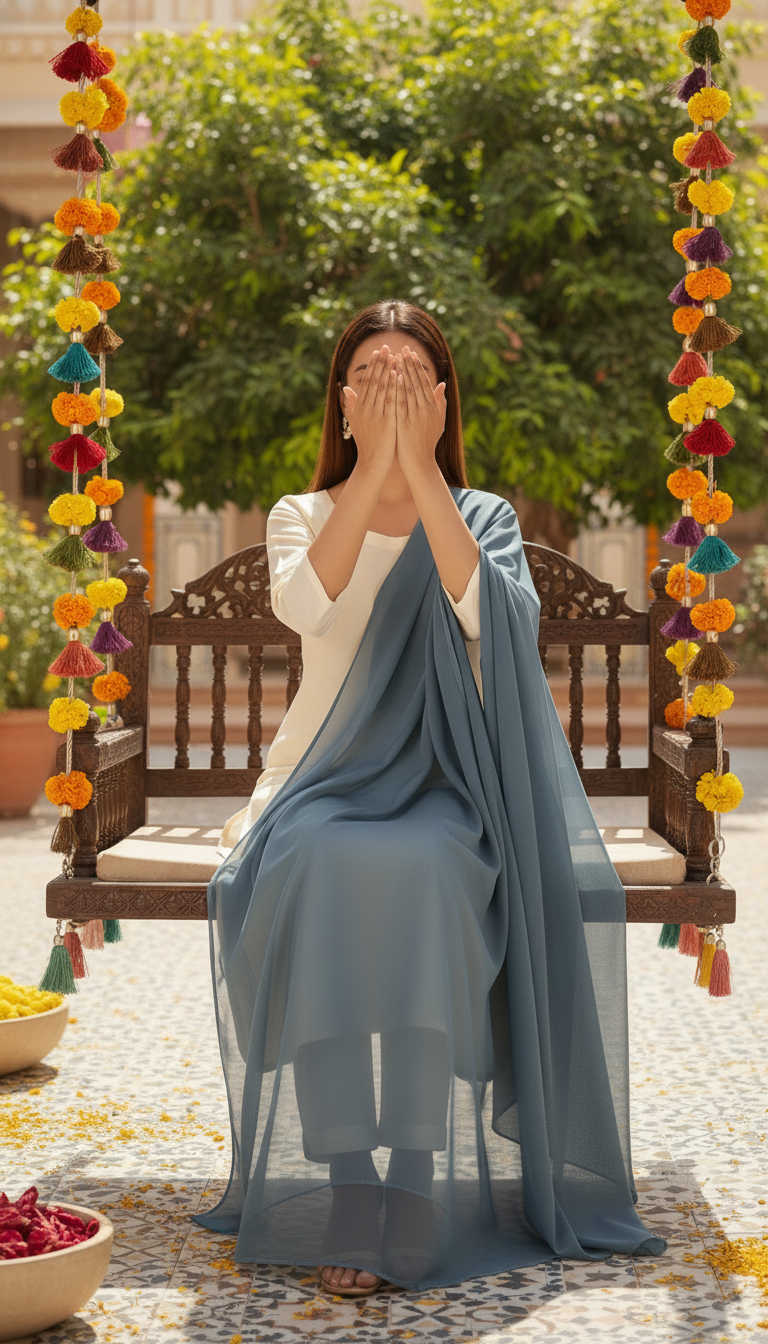 Woman seated outdoors on a carved wooden bench wearing a white outfit with a soft blue chiffon dupatta draped gracefully, hands covering her face, surrounded by colorful hanging tassels and marigold decorations