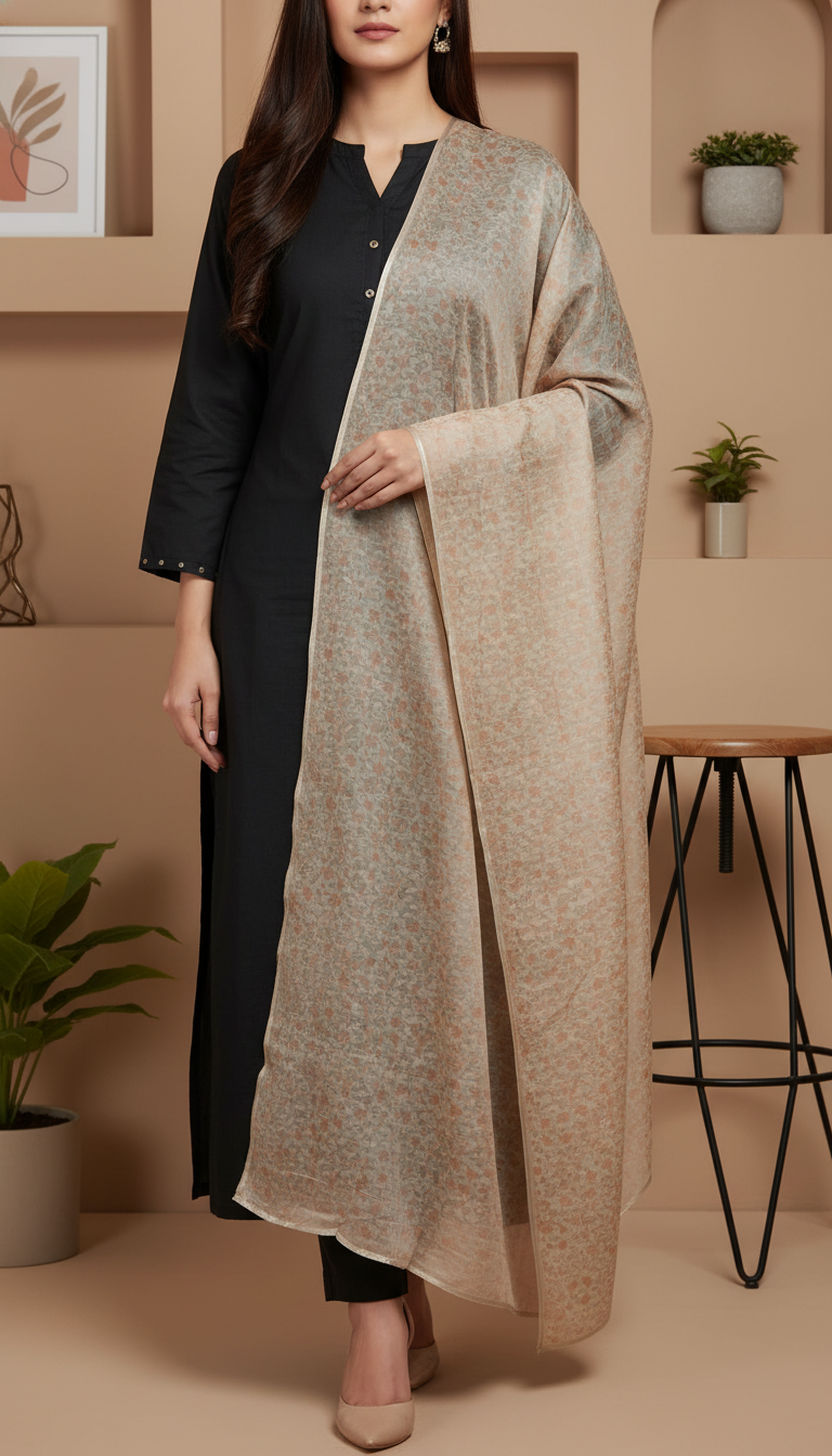 Elegant Beige Printed Chiffon Dupatta