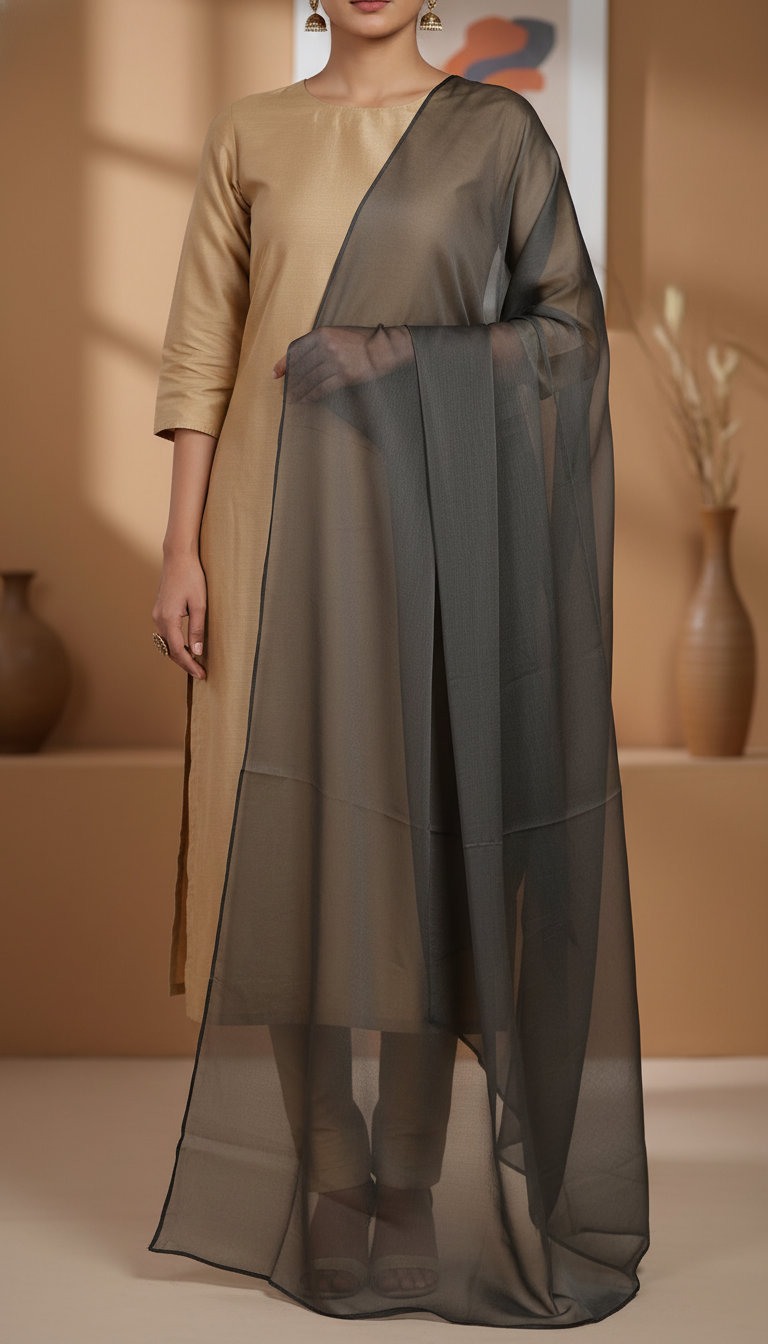 Woman showcasing a sheer black organza dupatta draped over beige traditional outfit in a neutral setting