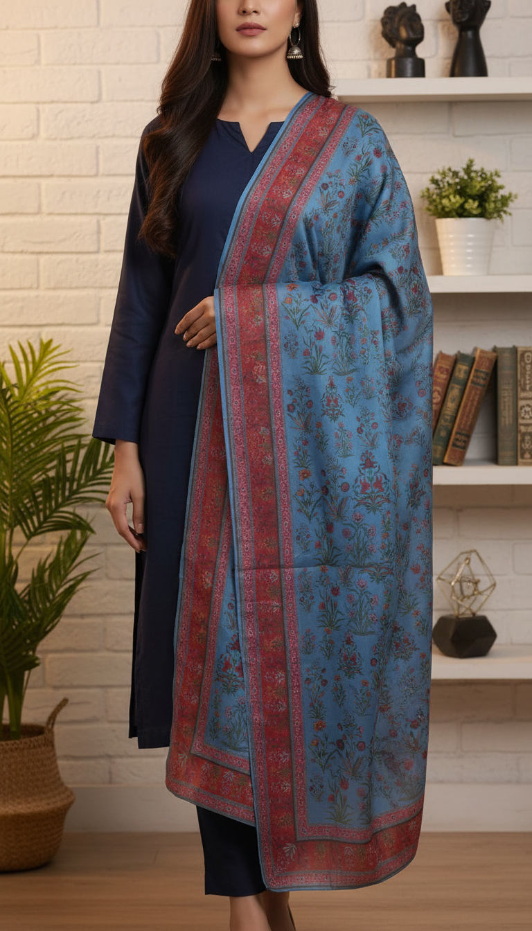 Woman wearing a blue floral silk dupatta with red borders draped over a navy outfit, standing in a cozy room with a bookshelf and plants in the background