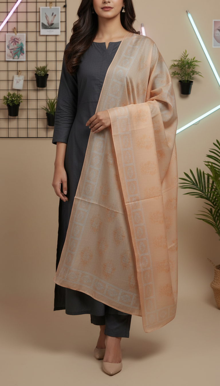 Woman wearing a soft peach silk dupatta with woven floral and geometric patterns over a dark gray outfit
