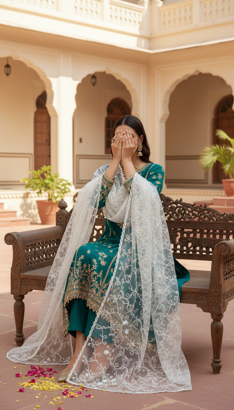 Woman sitting on a carved wooden bench wearing a green embroidered outfit with a white embroidered net dupatta draped over her shoulders, covering her face with her hands, set in a courtyard with arches and potted plants.