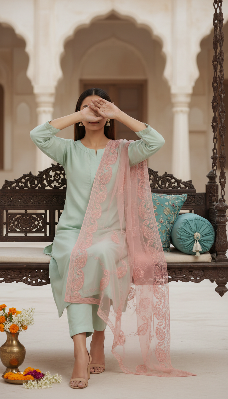 Woman wearing a soft pink embroidered net dupatta draped over a light green outfit, seated on an ornate wooden swing with traditional decor background.
