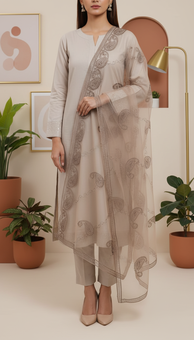 Woman wearing beige embroidered net dupatta with paisley patterns, paired with matching ethnic outfit and beige heels