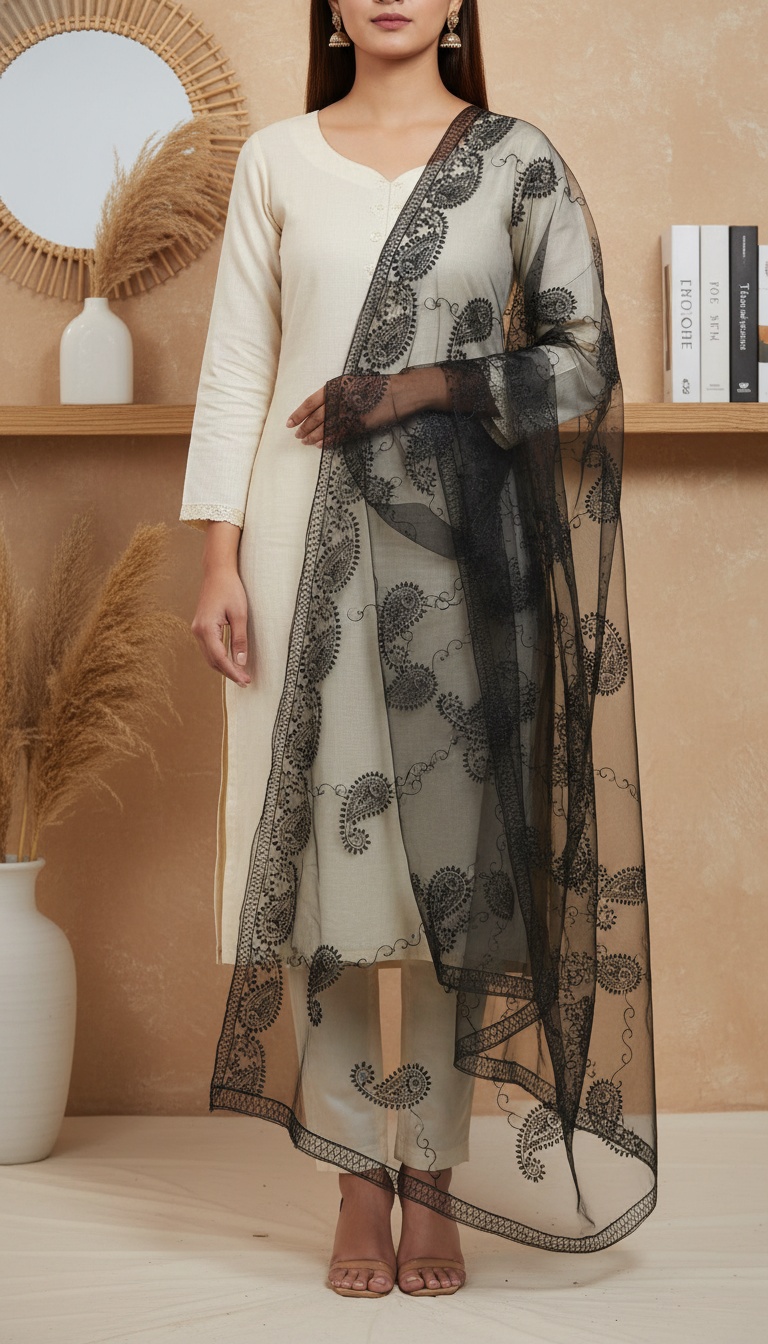 Black Embellished Net Dupatta PD6078