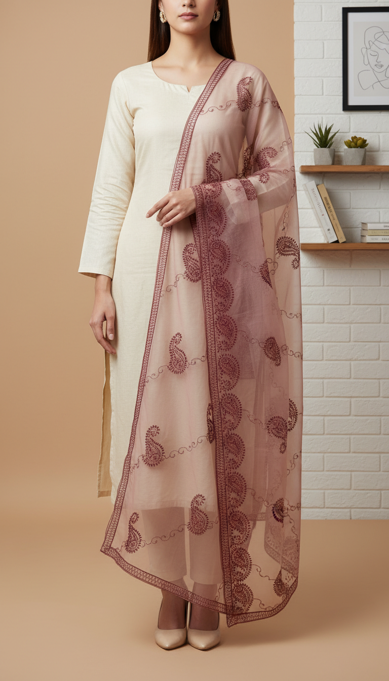 Maroon Embellished Net Dupatta PD6078