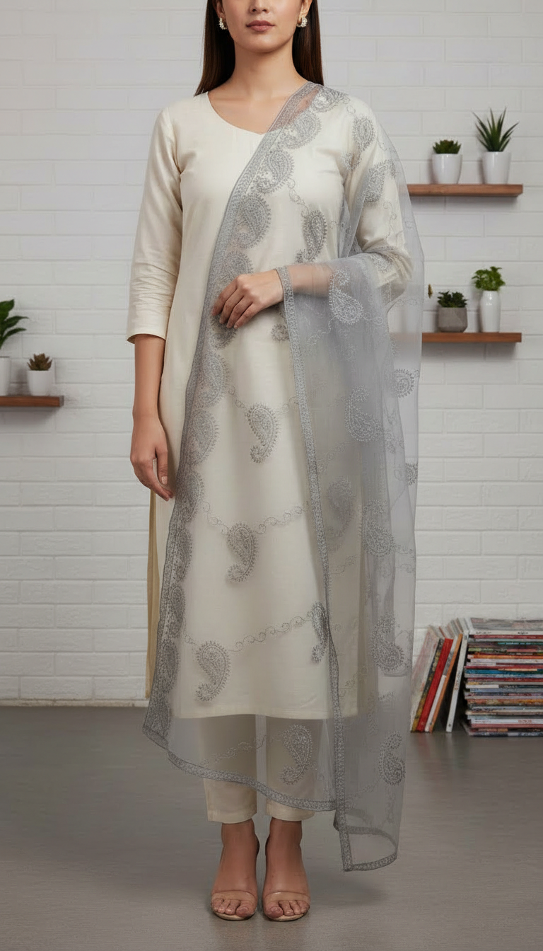 Woman wearing a light cream outfit paired with a sheer grey net dupatta featuring intricate paisley embroidery