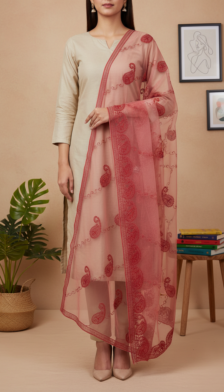 Woman wearing a red embroidered net dupatta with paisley designs over a beige outfit in a minimalistic indoor setting