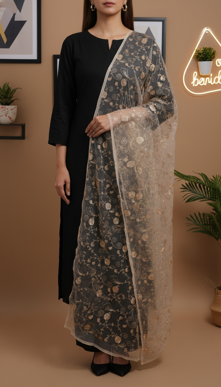 Woman wearing a sheer embroidered net dupatta with golden floral patterns over a black outfit, standing indoors.