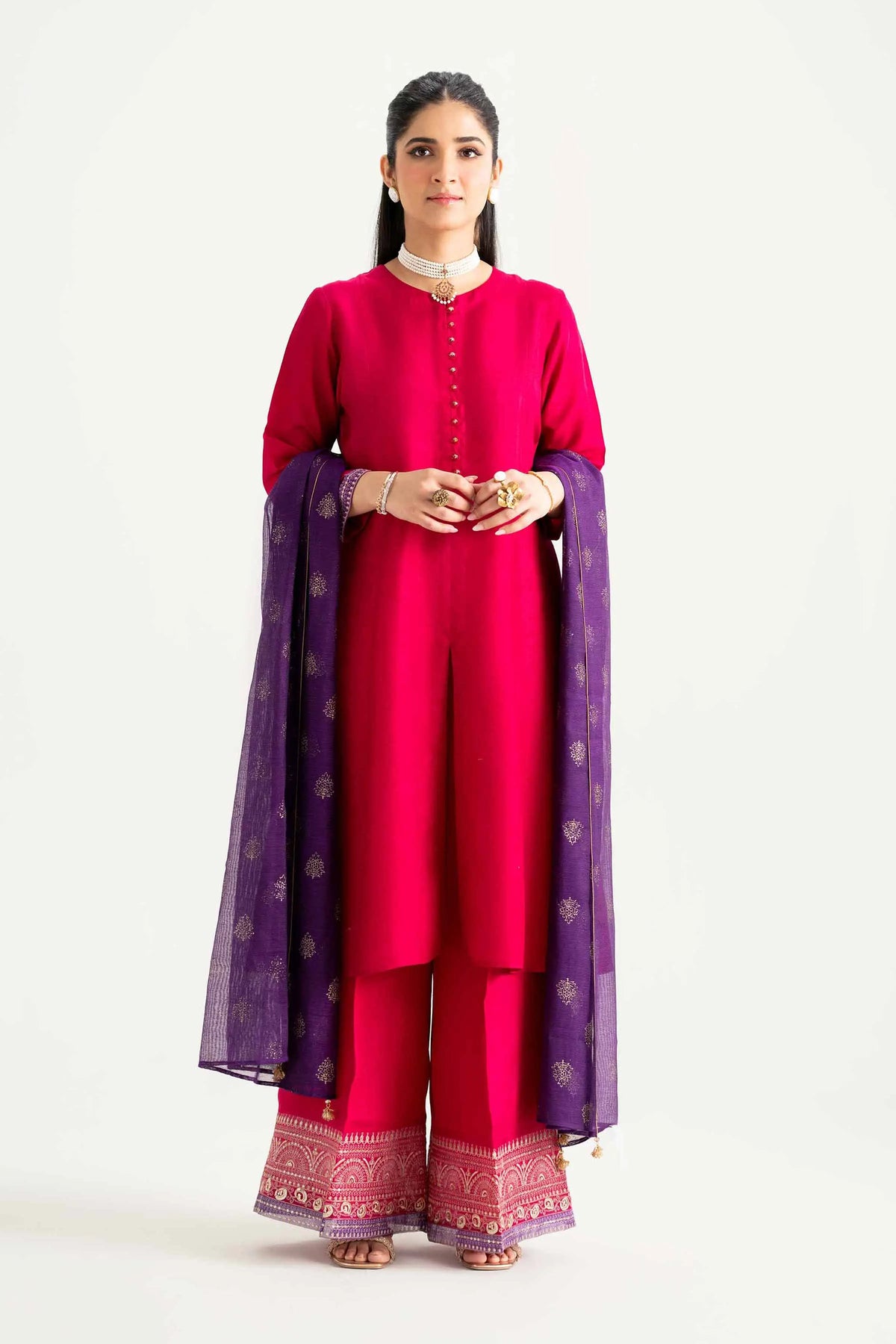 Shocking Pink Raw Silk 3-Piece Embroidered Suit | Cotton Net Dupatta