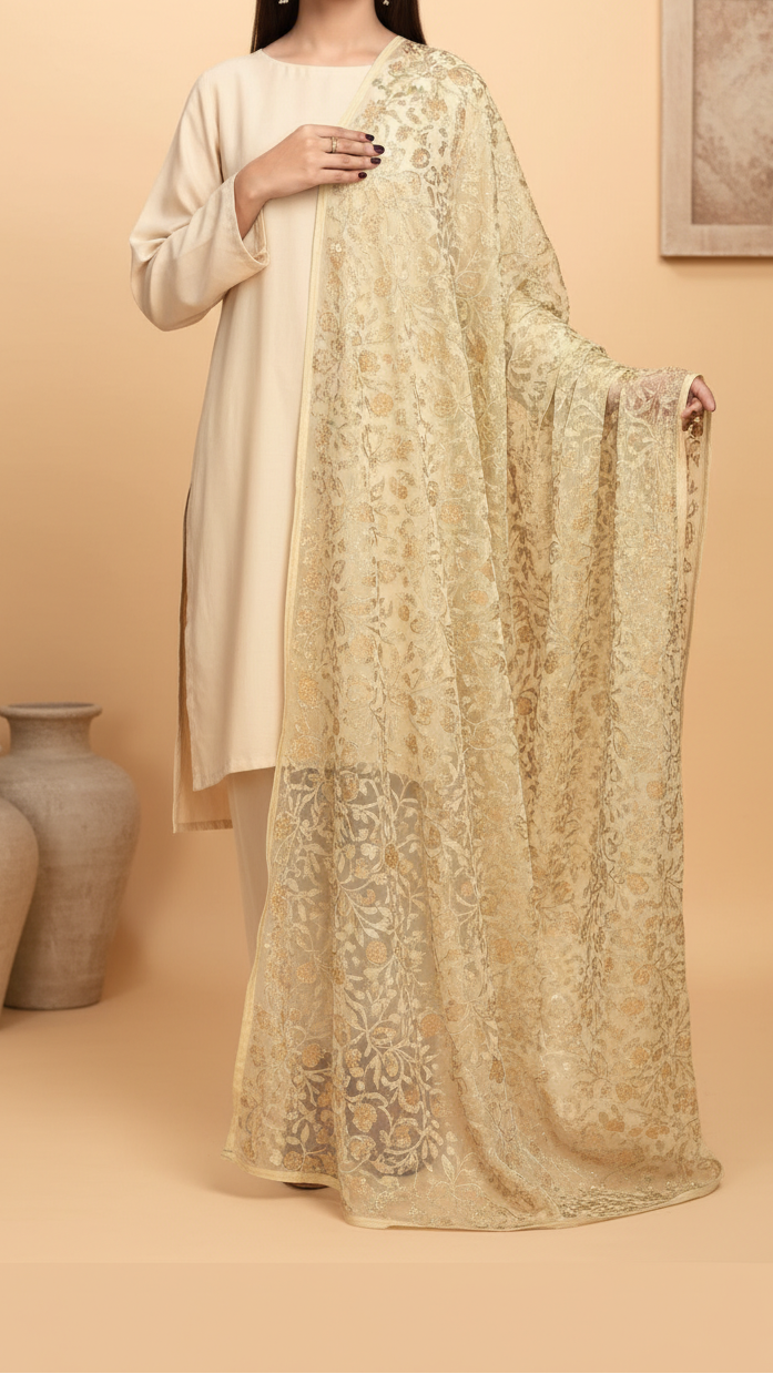 Woman wearing beige outfit holding sheer beige chiffon dupatta with golden floral embroidery against a matching beige background