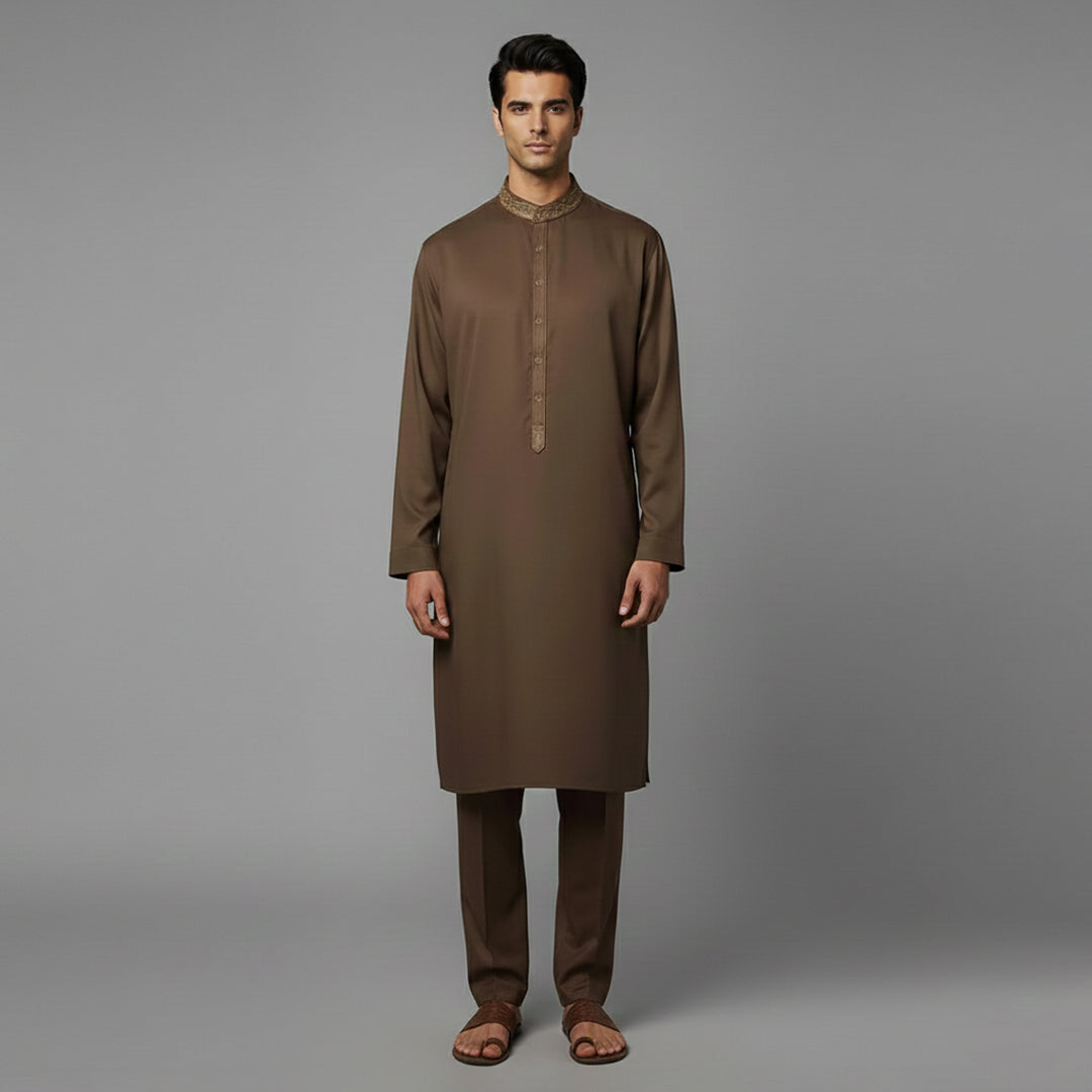 Poly Viscose Cocoa Brown Slim Fit Embroidered Suit
