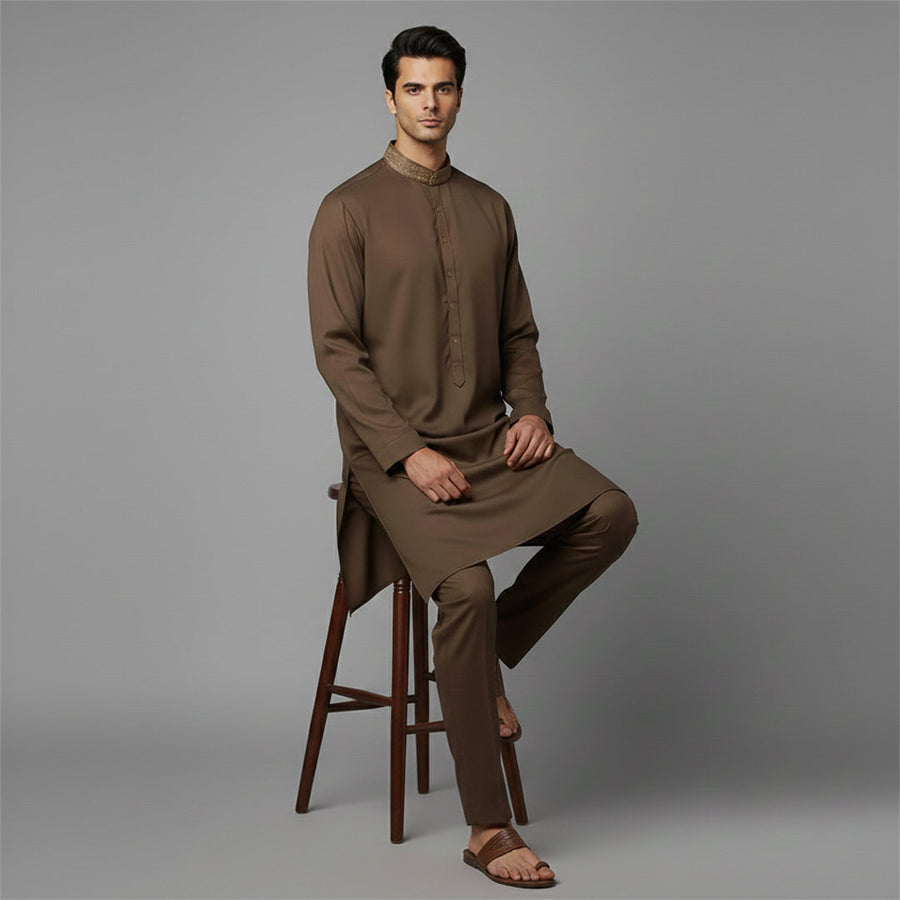 Poly Viscose Cocoa Brown Slim Fit Embroidered Suit