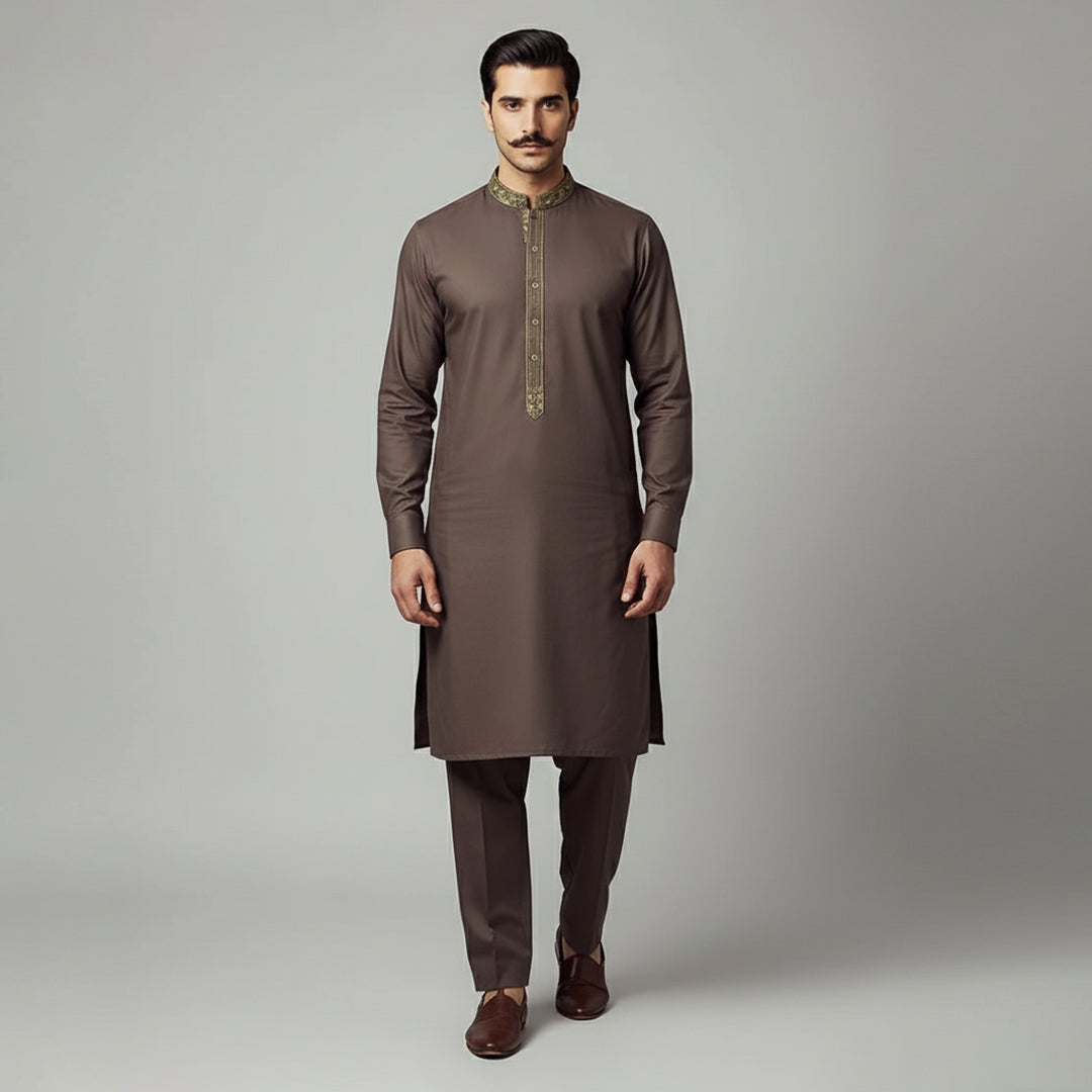 Poly Viscose Puce Slim Fit Embroidered Suit