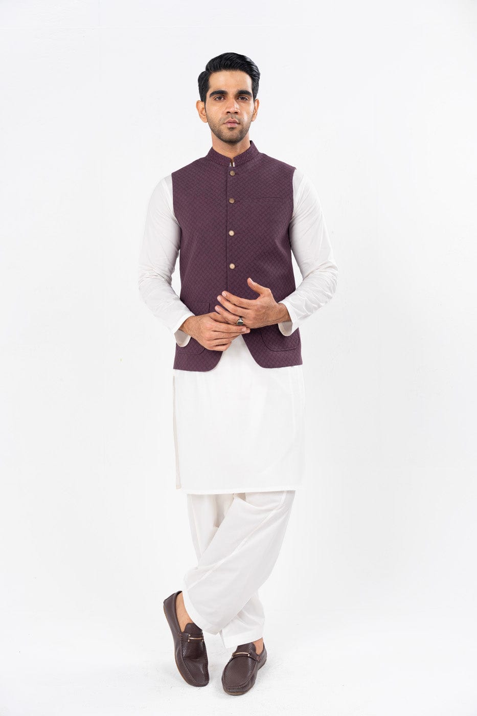 Plum Silk Jacquard 3-Piece Suit | Quilted Waistcoat