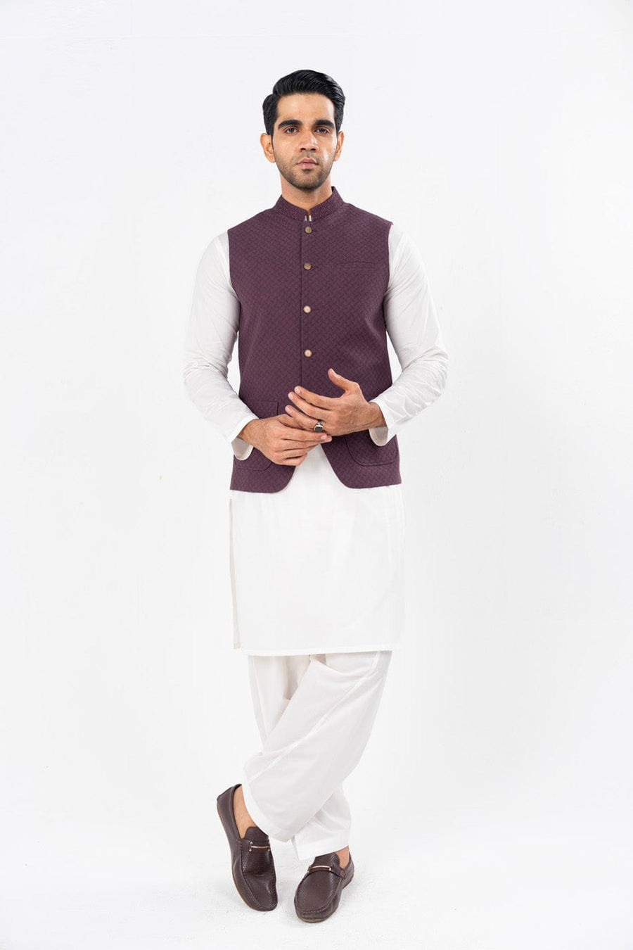 Plum Silk Jacquard 3-Piece Suit | Quilted Waistcoat