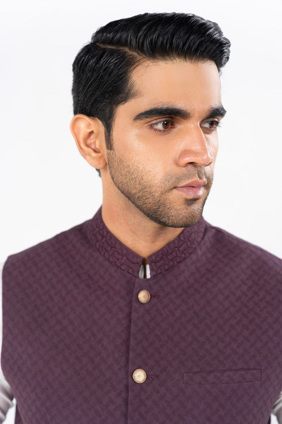 Plum Silk Jacquard 3-Piece Suit | Quilted Waistcoat