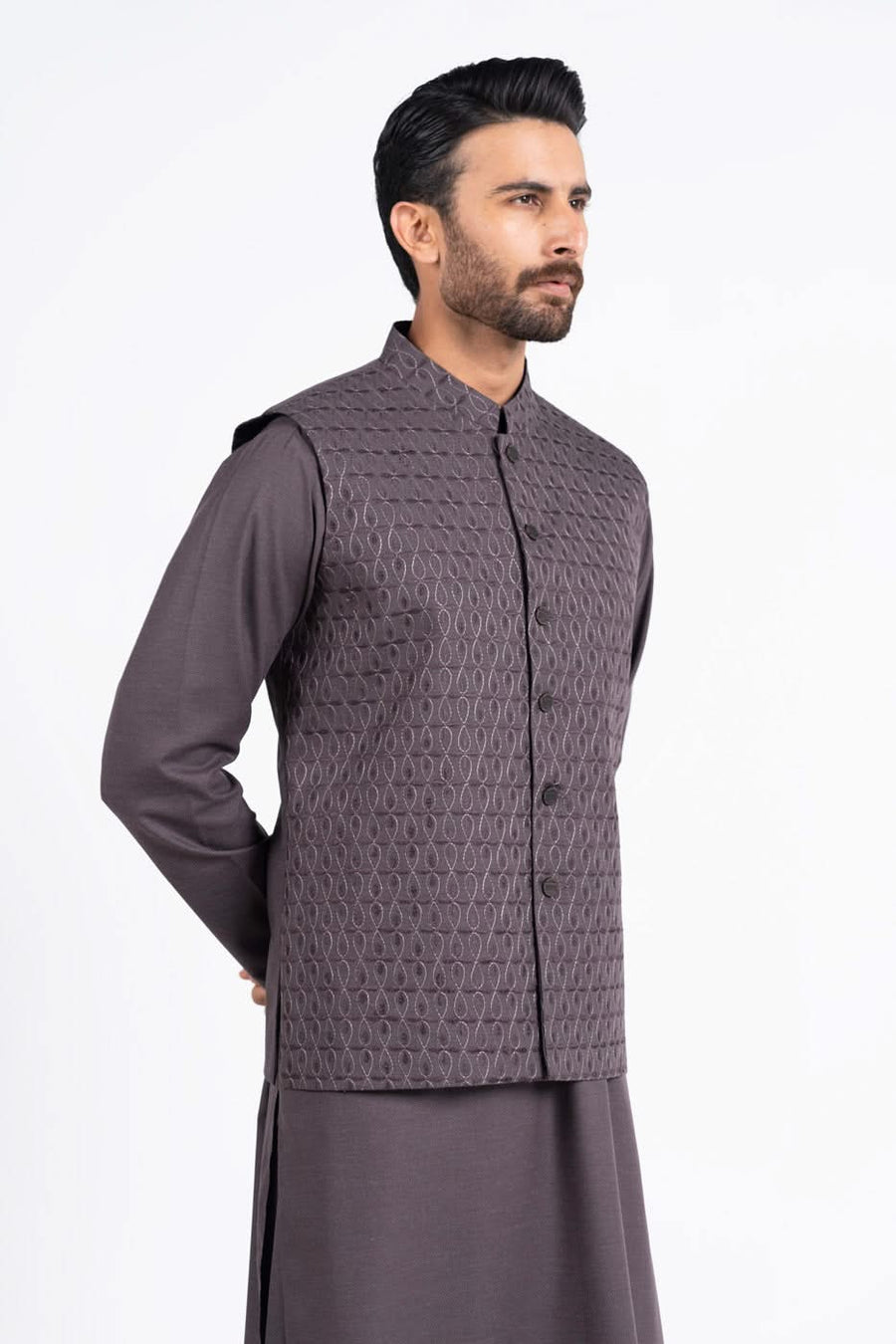 Slate Grey Jacquard 3-Piece Kurta Set | Woven Texture Waistcoat